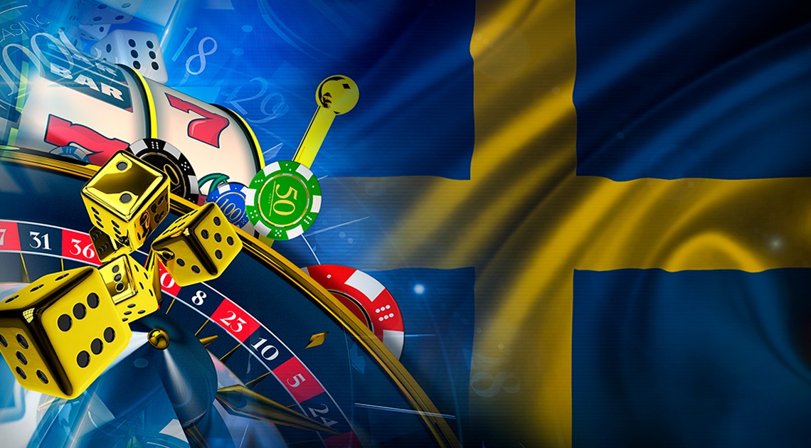 Ruotsin lippu, rulettipyörä, noppia ja pelimerkkejä